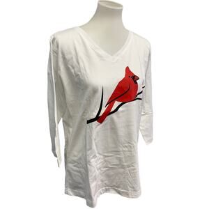 New Hand Printed Womens Large Cotton Red Cardinal Bird 3/4 Sleeve V-Neck Tee